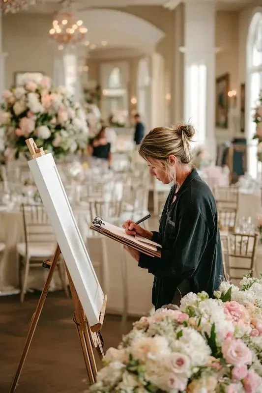 A woman writing on a clipboard in a decorated event hall with floral arrangements and empty tables.