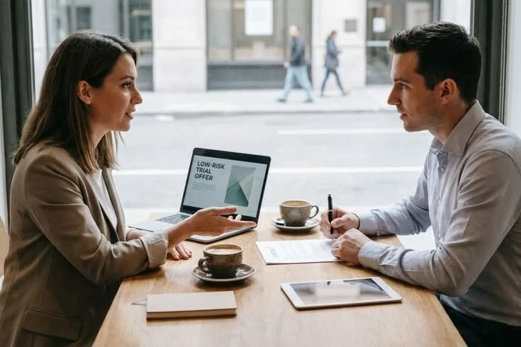 Two people sitting at a wooden table in a café or restaurant, having a discussion.