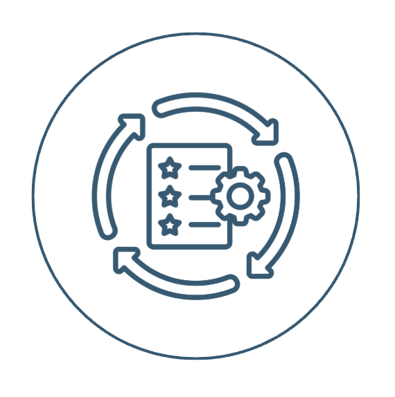 Icon of a checklist with three stars, surrounded by three circular arrows, representing a review or process cycle.