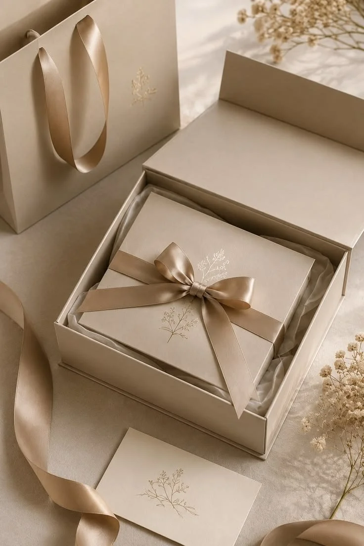 Elegant cream-colored gift box with a satin ribbon bow, decorated with a delicate branch illustration, surrounded by a matching shopping bag, ribbon, and dried flowers.