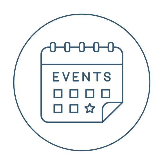 A calendar icon with the word 'Events' and various marked dates inside a circle.