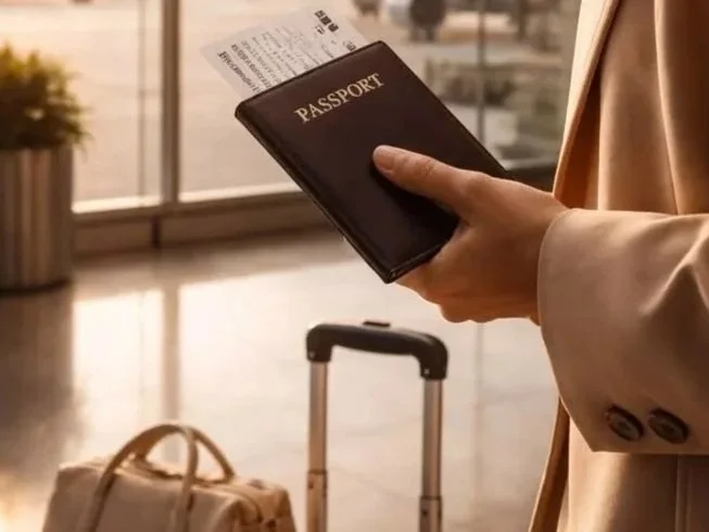 Person holding a passport and boarding pass at an airport, with a suitcase and a travel bag nearby.