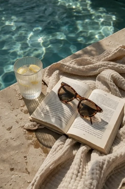 Open book, sunglasses, and a glass of water with lemon slices next to a pool, with a beige towel nearby.