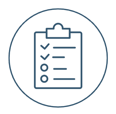 Icon of a clipboard with checkmarks and circles, enclosed in a circle outline.