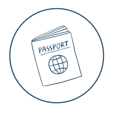 Line drawing of a passport with a globe symbol on the cover, inside a circle.