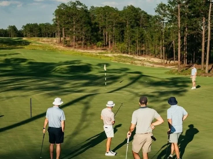 Four golfers standing on a golf green, preparing to putt, with a golf flag in the hole, and another golfer in the distance near the edge of the green, surrounded by trees.
