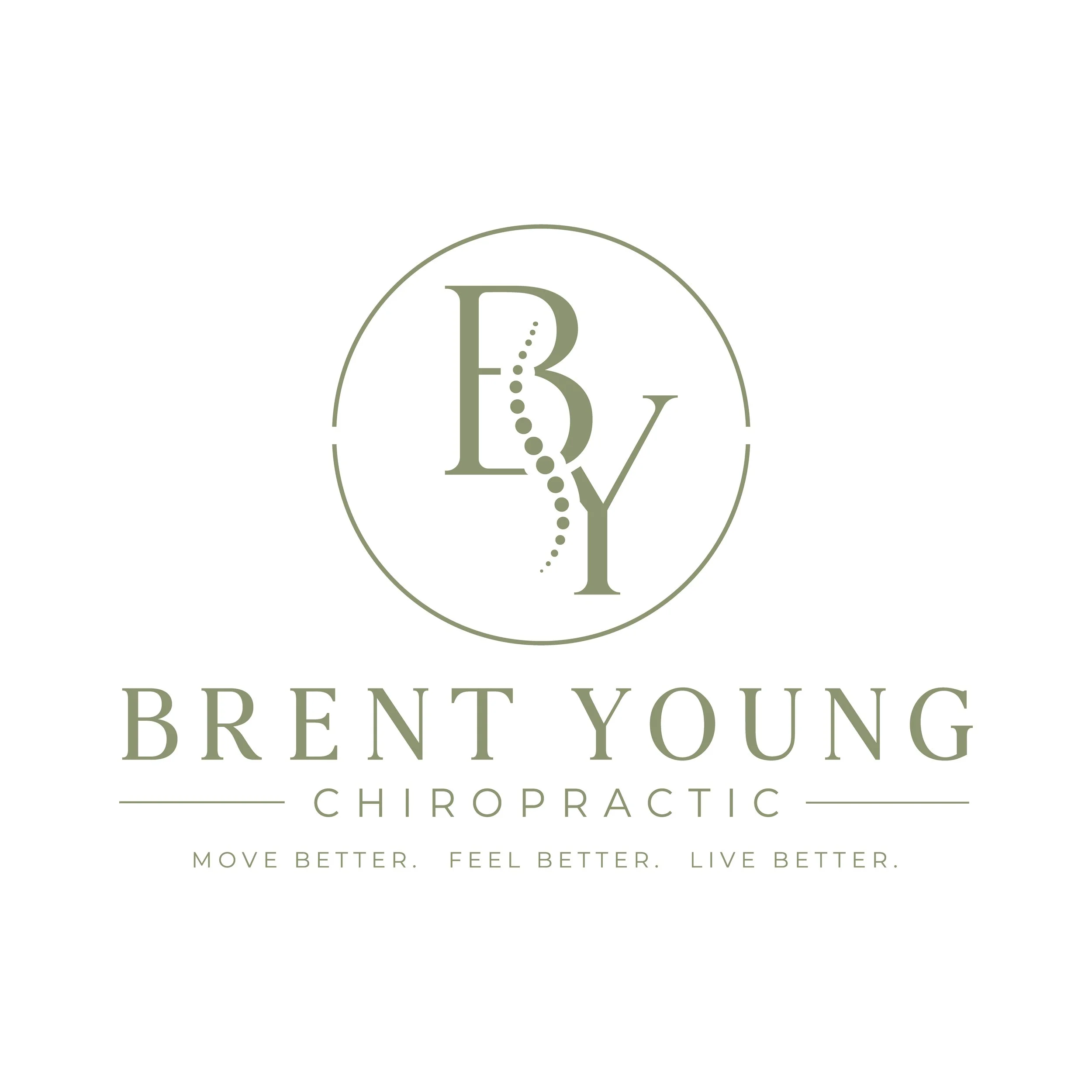 Logo for Brent Young Chiropractic featuring a stylized letter B with a dotted line inside a circle, with the words 'Move Better. Feel Better. Live Better.'