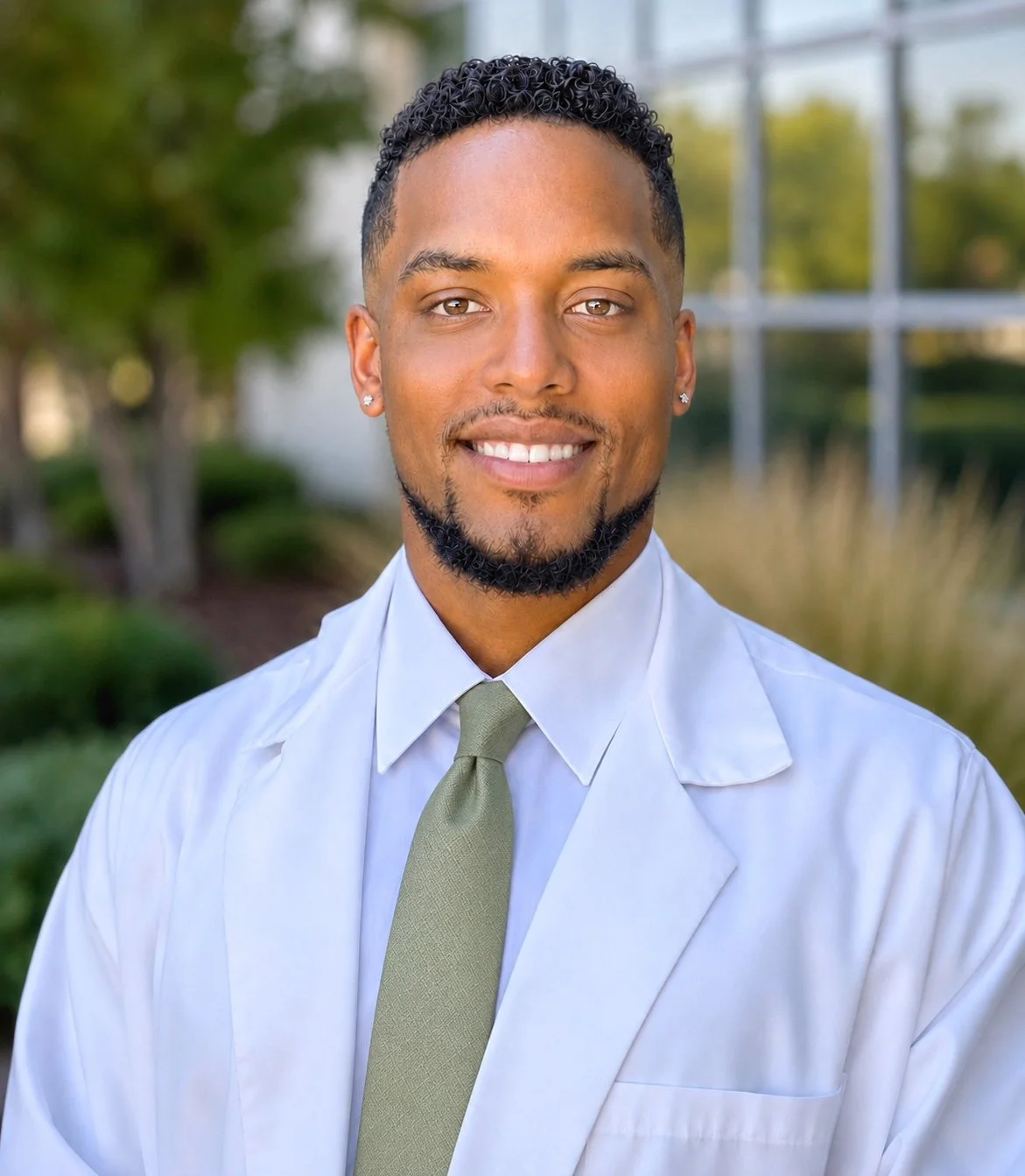 Professional portrait of a smiling young man with curly hair, earrings, a goatee, wearing a white shirt and green tie, outdoors with greenery and a building in the background.