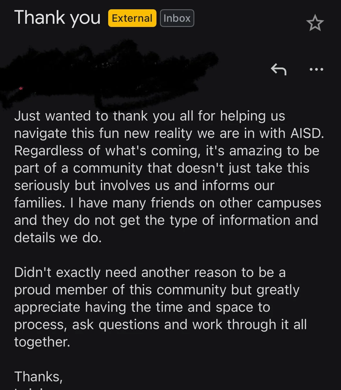 Thank you from an appreciative Highland Park parent during the school consolidation process last fall
