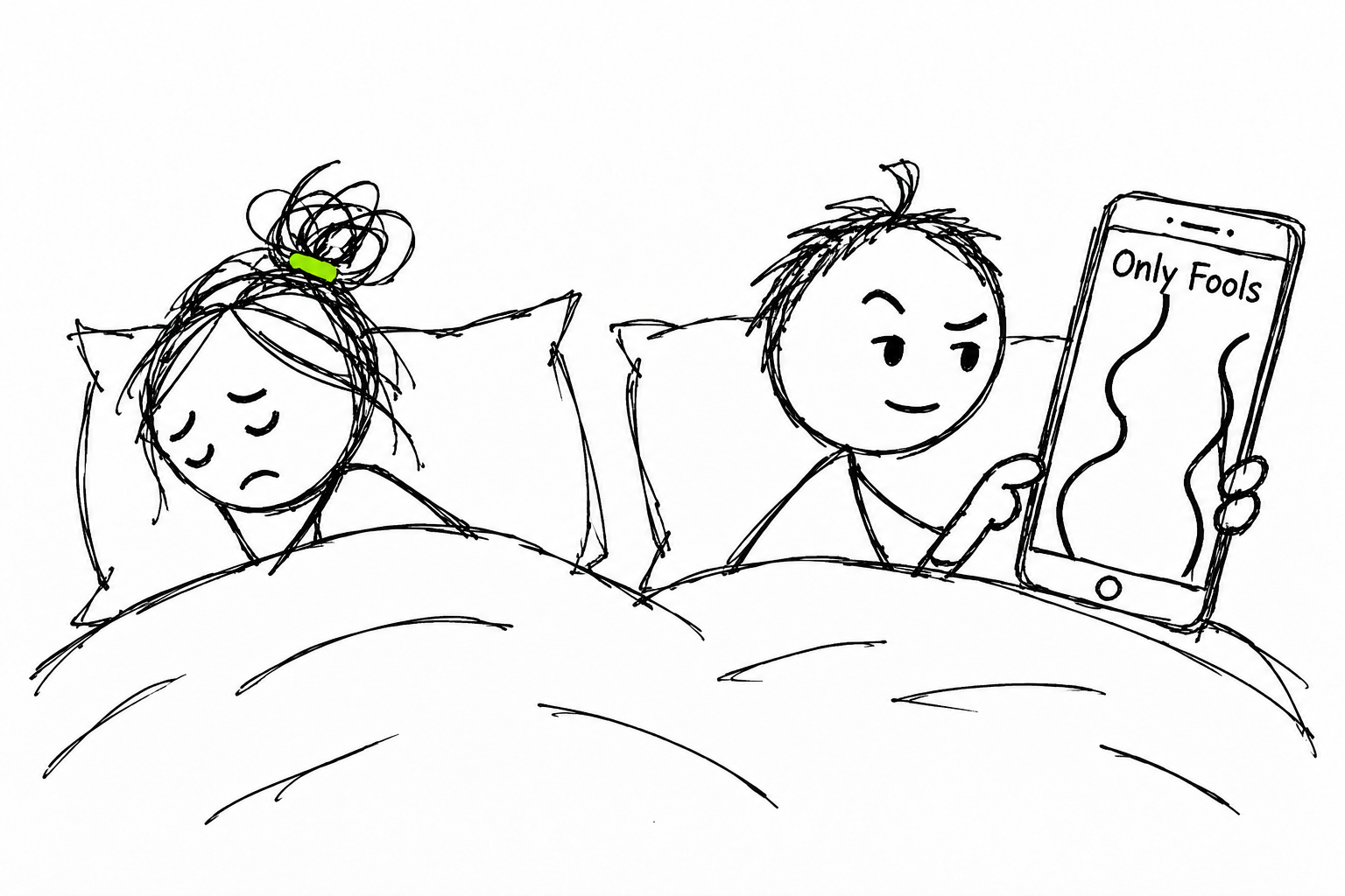 Frank looks at an Only Fools phone screen in bed beside his unhappy partner, drawn in loose black pen with a lime hair tie.