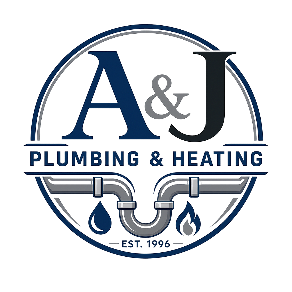Logo for AJ Plumbing & Heating featuring large letters A and J, a water droplet, a pipe with water and fire symbols, and the text "PLUMBING & HEATING" with "EST. 1996" at the bottom.