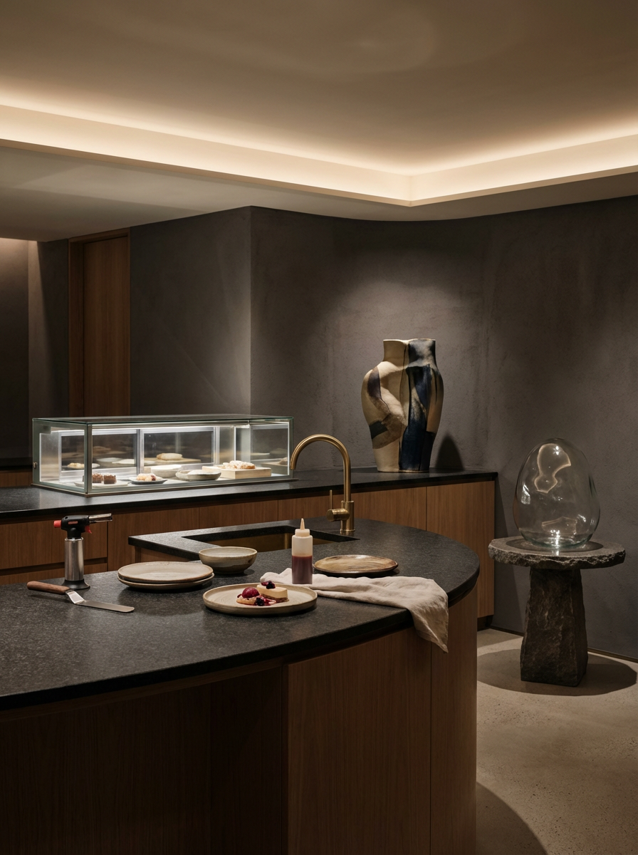 Modern kitchen with dark countertop, a decorative vase, glass sculpture, and a display case with desserts.