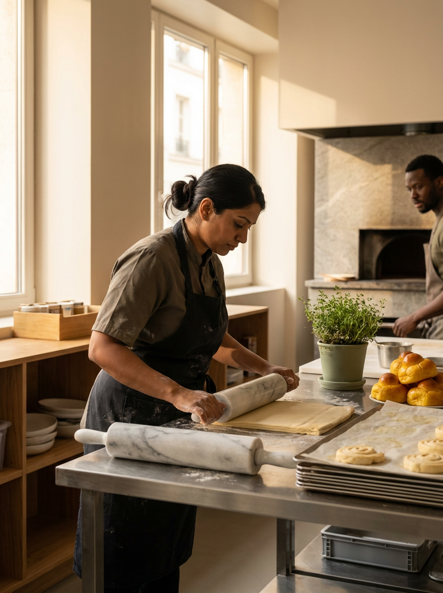 A woman rolling out dough in a kitchen with another person in the background, fresh herbs, and baked pastries on a tray.