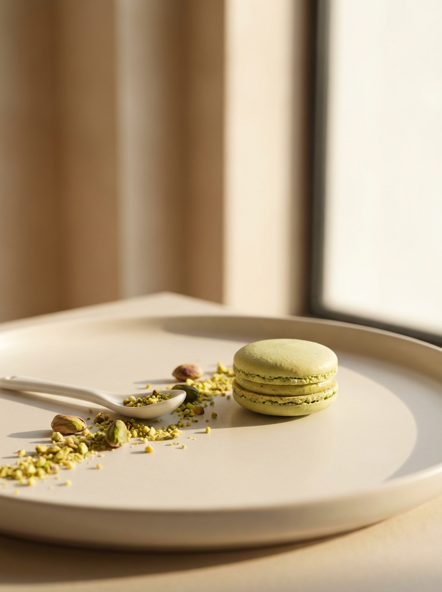 A green macaroon on a white plate with crushed pistachios and a small white spoon filled with more pistachios, placed near a window with sunlight.