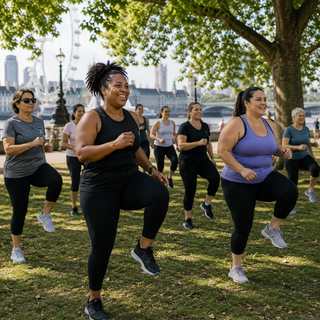 Group of women doing outdoor aerobics or fitness class in a park with trees, skyline, and cityscape in the background.