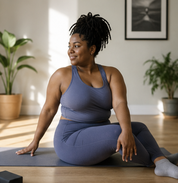 A woman practicing yoga indoors, sitting on a yoga mat on a wooden floor, wearing a blue athletic outfit, and smiling while looking to her left. There are potted plants and a framed black-and-white photograph on the wall behind her.