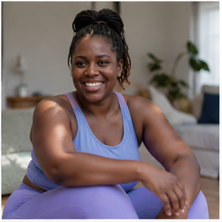 Smiling woman with braided hair in a purple workout outfit sitting on the floor in a bright, modern living room.