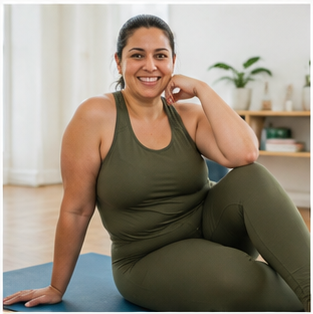 Smiling woman in green athletic outfit sitting on yoga mat indoors with houseplants in the background.