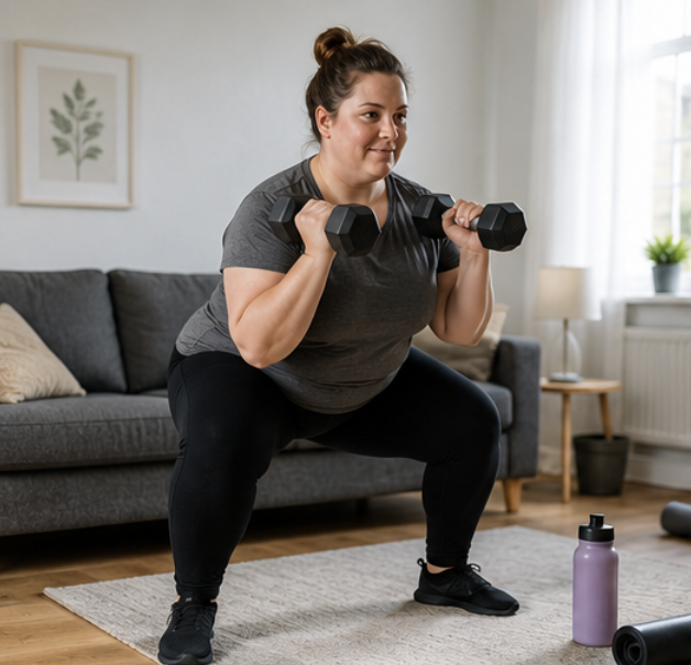 Woman performing a squat with dumbbells in a living room.