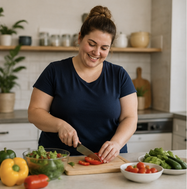 A woman with brown hair in a bun, wearing a navy t-shirt, smiling while chopping red bell peppers in a modern kitchen with white cabinets, shelves, and various jars and plants.