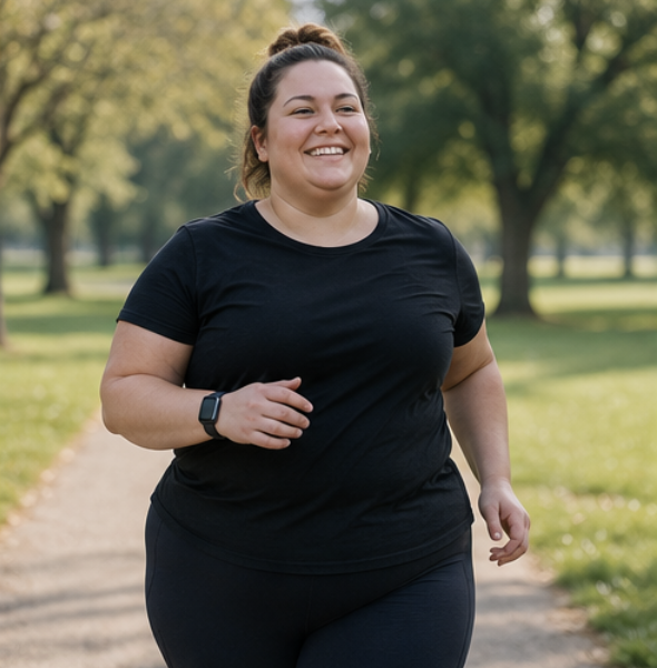 A woman jogging outdoors on a park trail, smiling, wearing a black T-shirt and black leggings.