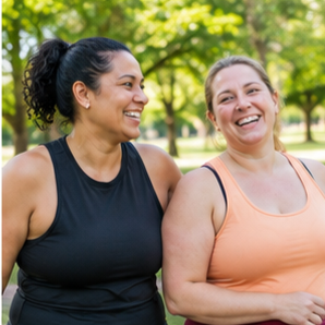 Two women smiling and looking at each other outdoors in a park with green trees, one in a black tank top and the other in an orange tank top.