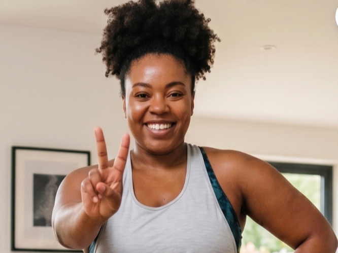 A smiling woman with natural hair shows a peace sign with her fingers in a well-lit room.