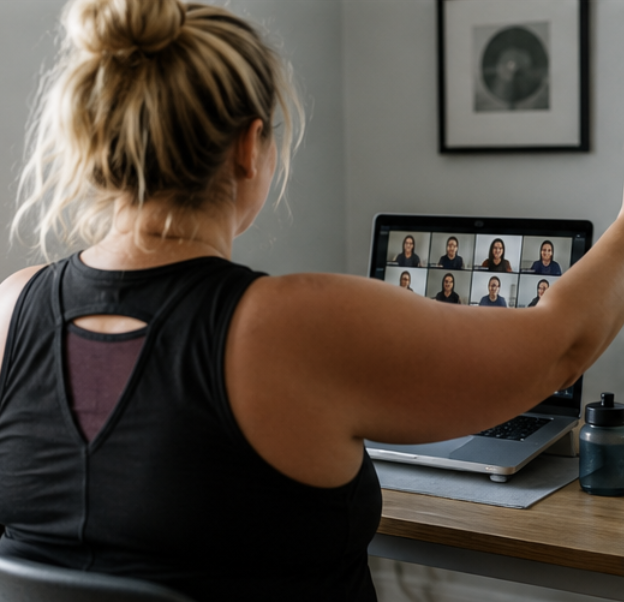 A woman with blonde hair tied up in a bun participating in a video call on her laptop, with multiple people visible on the screen.