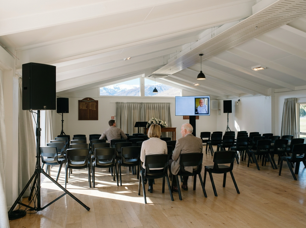 People attending a memorial service or funeral in a bright, spacious room with wooden floors, black chairs, and a large window showing mountains outside. There is a floral arrangement near a podium, a large flat screen TV, and audio speakers.