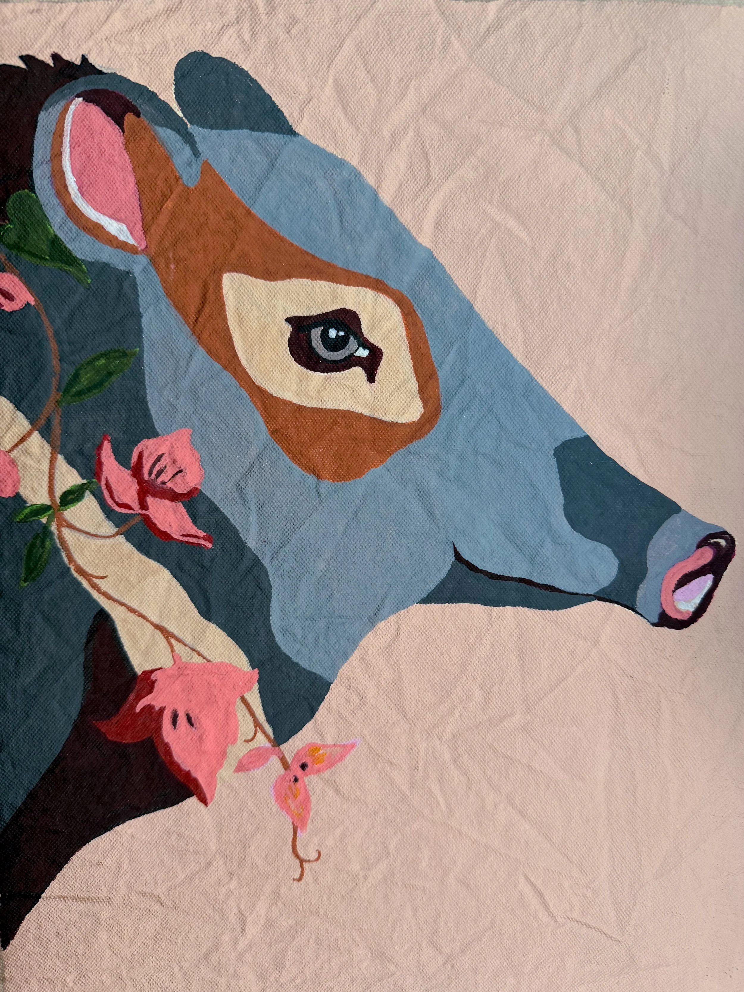 Close-up of a painted image of a horse's face with pink flowers and green leaves on a pink background.