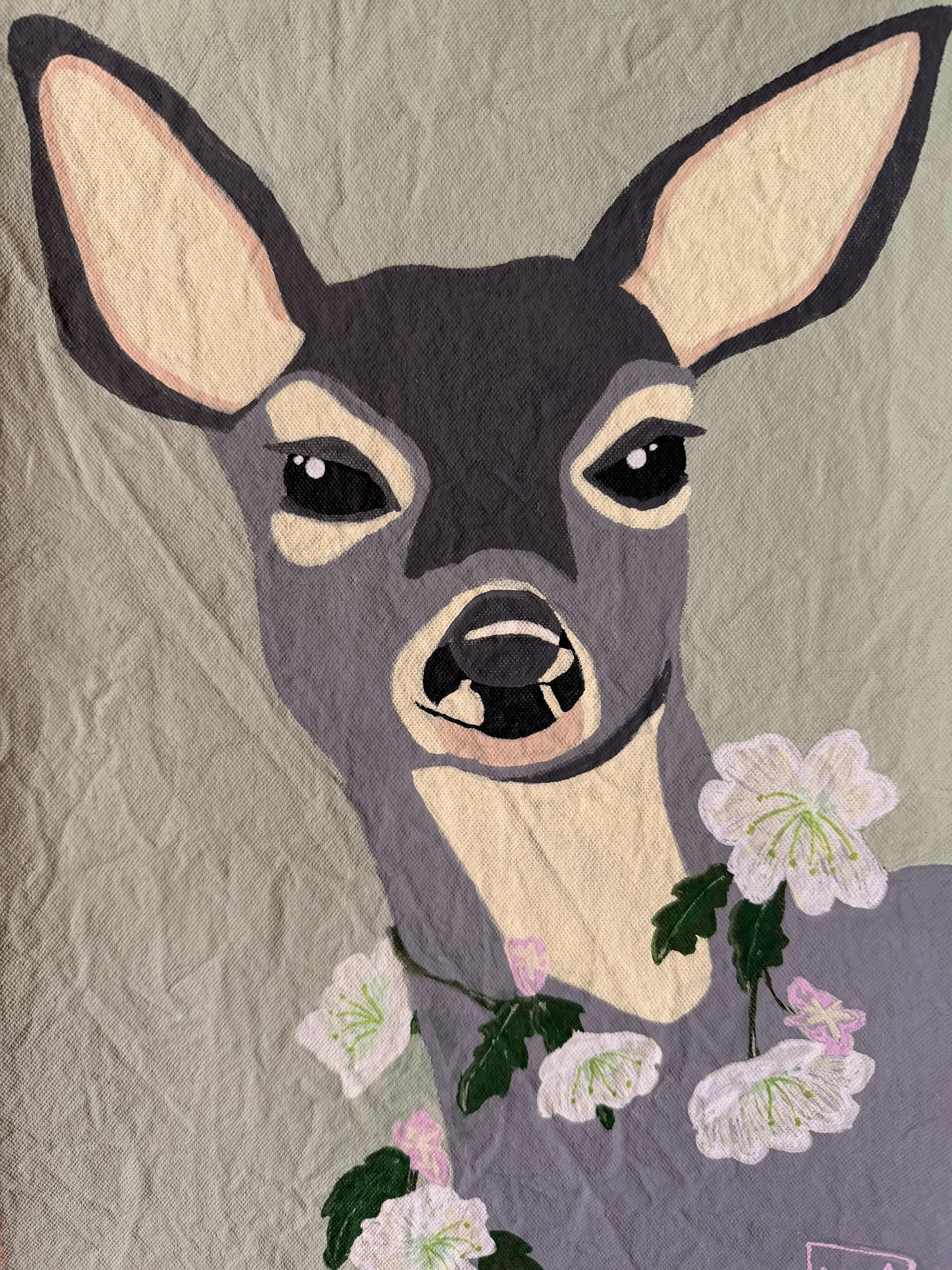 Painting of a deer with light-colored flowers around its neck.