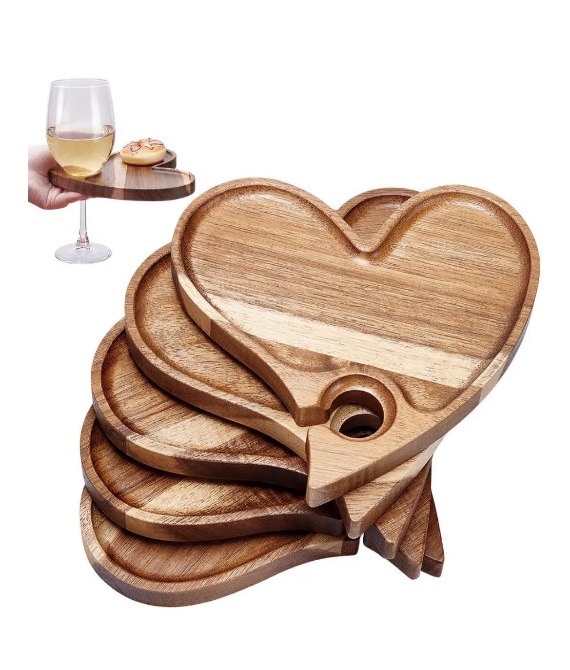 Set of 4 Wooden Cocktail Plates with Wine Glass Holder