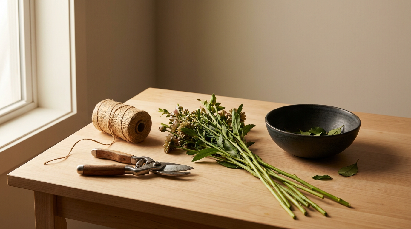 Un vase avec des fleurs, une bobine de fil, une paire de ciseaux, une coupe noire avec des feuilles, tout sur une table en bois