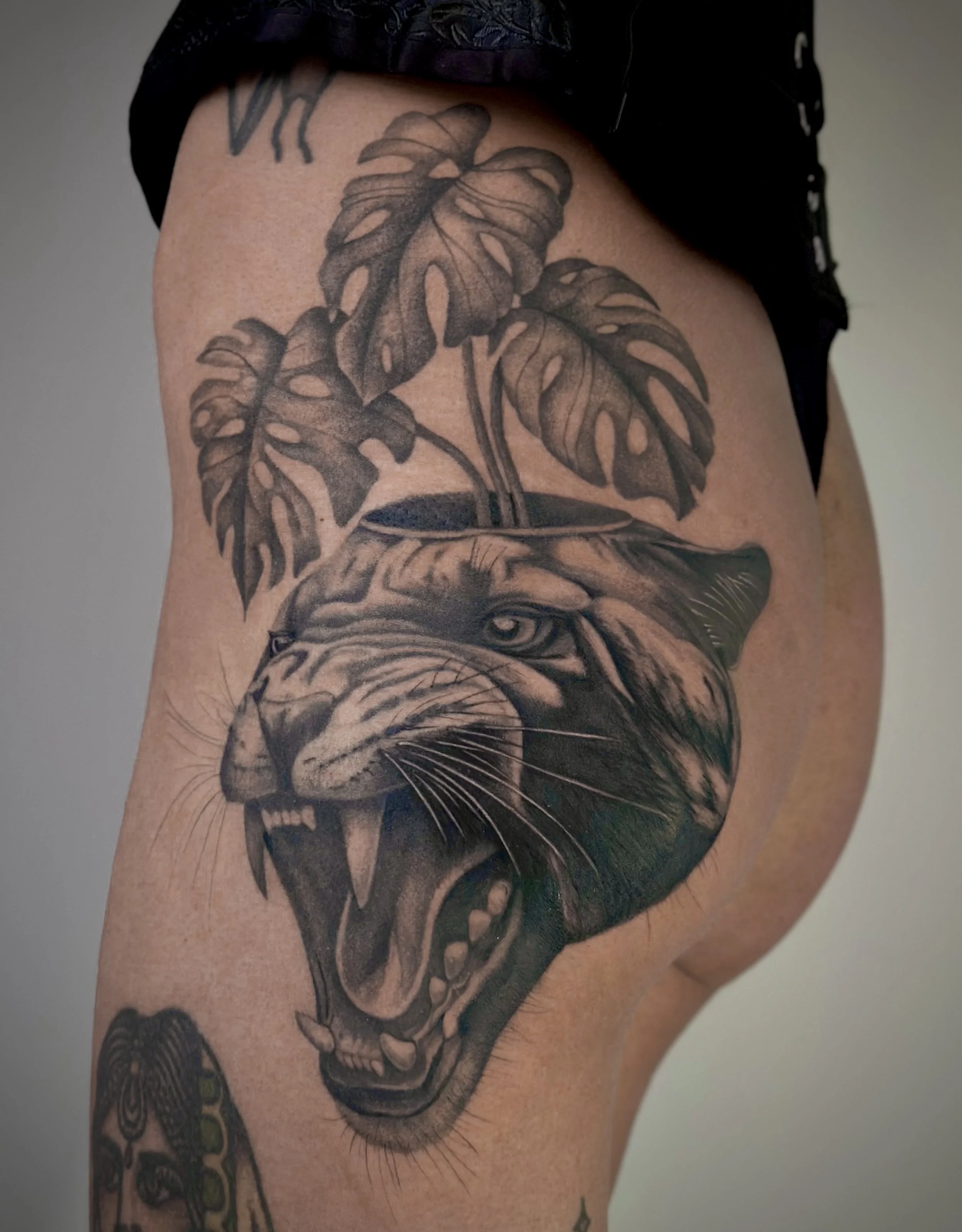 Tattoo of a tiger's face on person's upper thigh and side with tropical leaves in the background. Blackwork tattoo with stipple style shading.