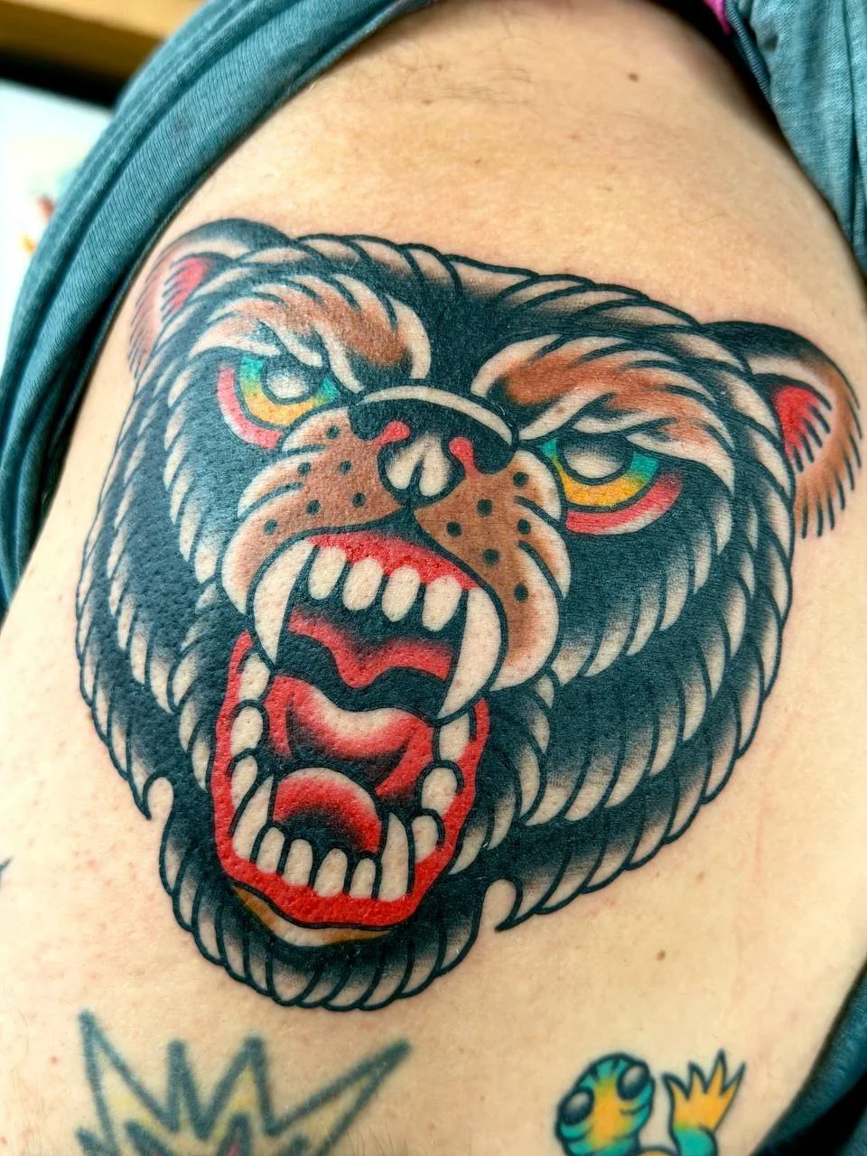 Tattoo of a roaring bear's face with colorful details on a person's shoulder. Bold American traditional bear head tattoo.