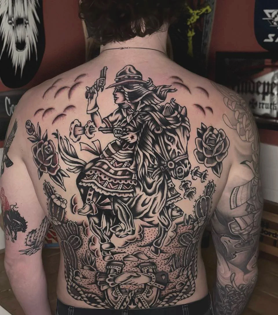 Black and Grey Traditional Tattoo Back Piece