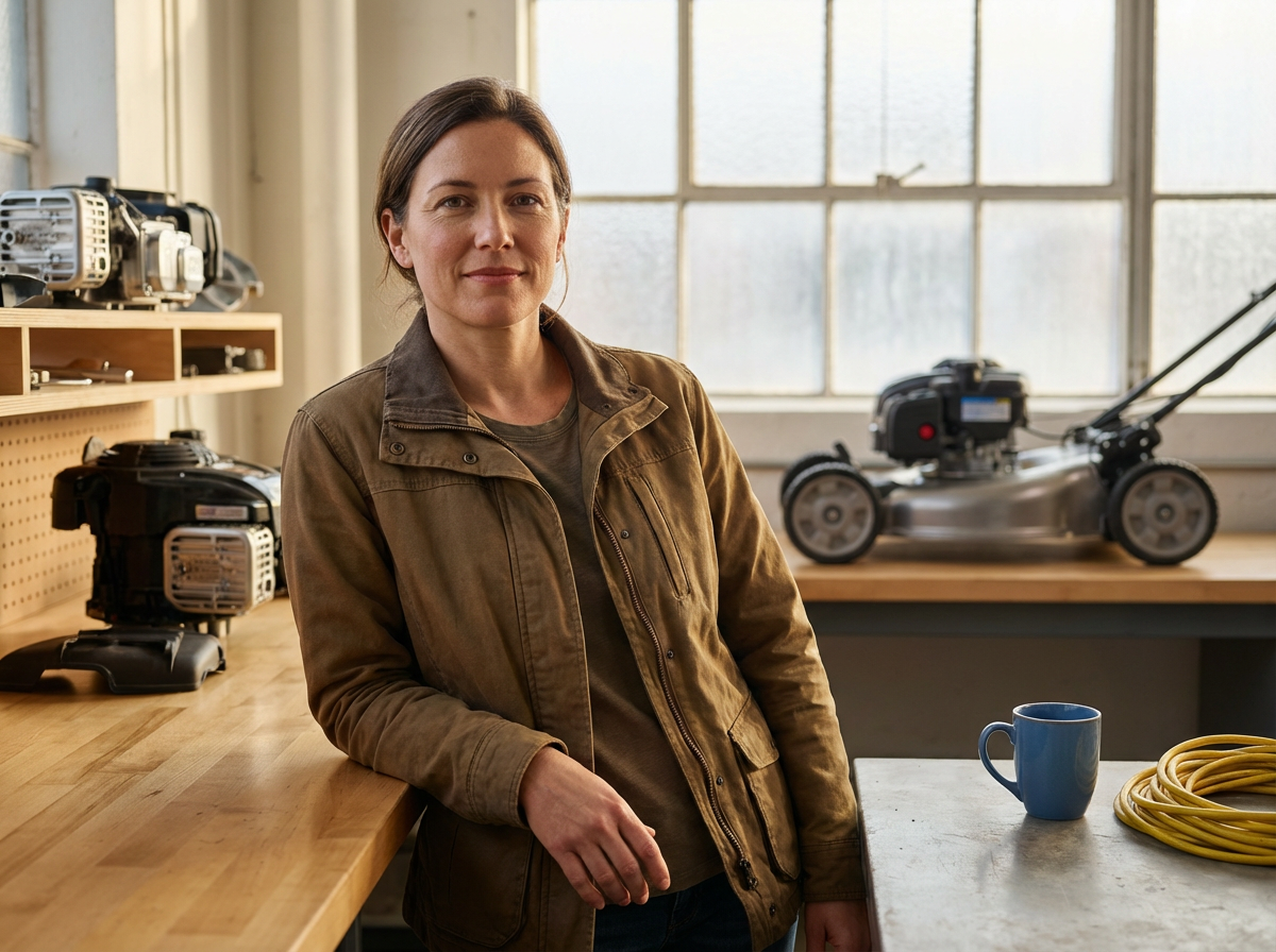 A woman in a brown jacket standing in a workshop with power tools and a lawnmower in the background.