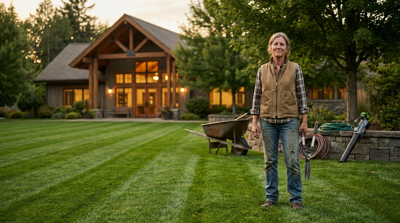 A woman standing on a well-manicured lawn outside a house during sunset, holding gardening shears, with gardening tools and a wheelbarrow nearby.