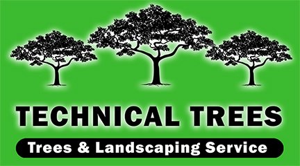 Logo for Technical Trees Trees & Landscaping Service with three black trees on a green background.