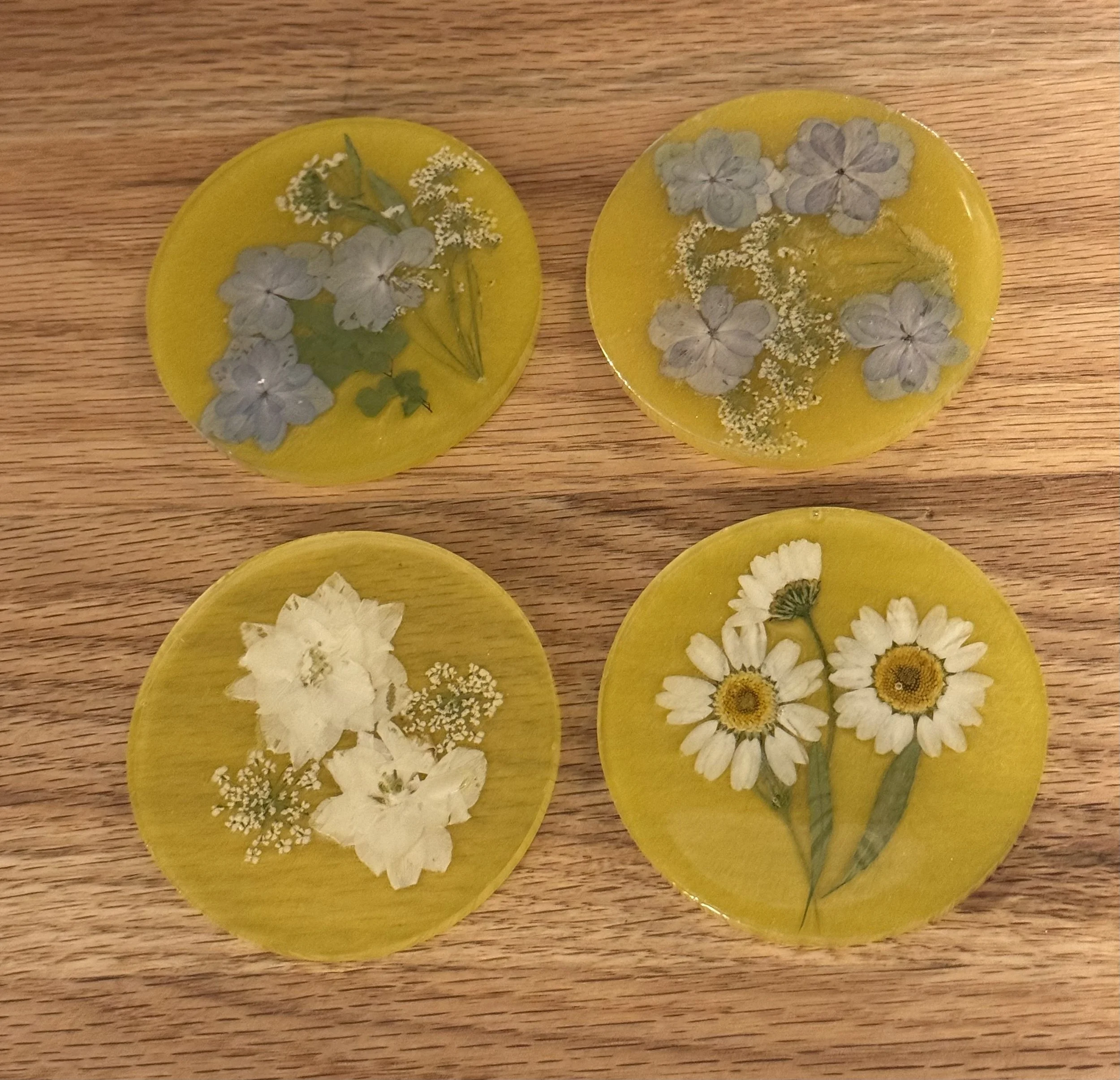 Close-up of yellow circular coasters with pressed flowers and greenery on a wooden surface.