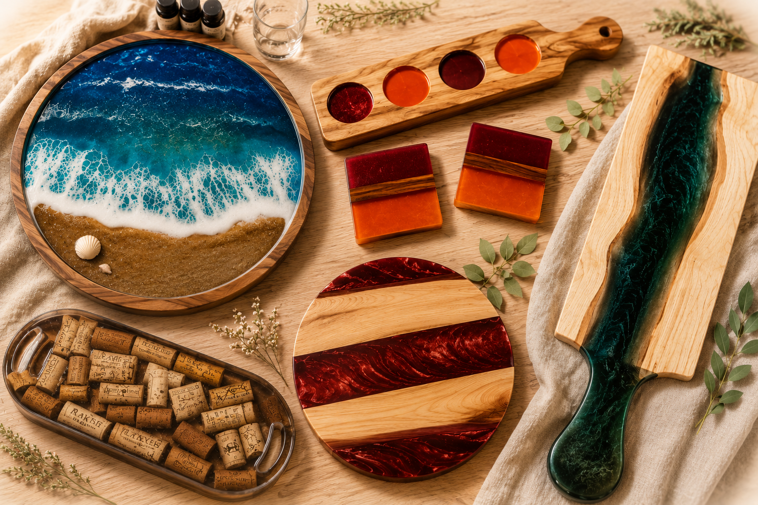 Unique handcrafted wood and resin designs, including hosting and kitchen accessories, custom creations based on favorite themes.