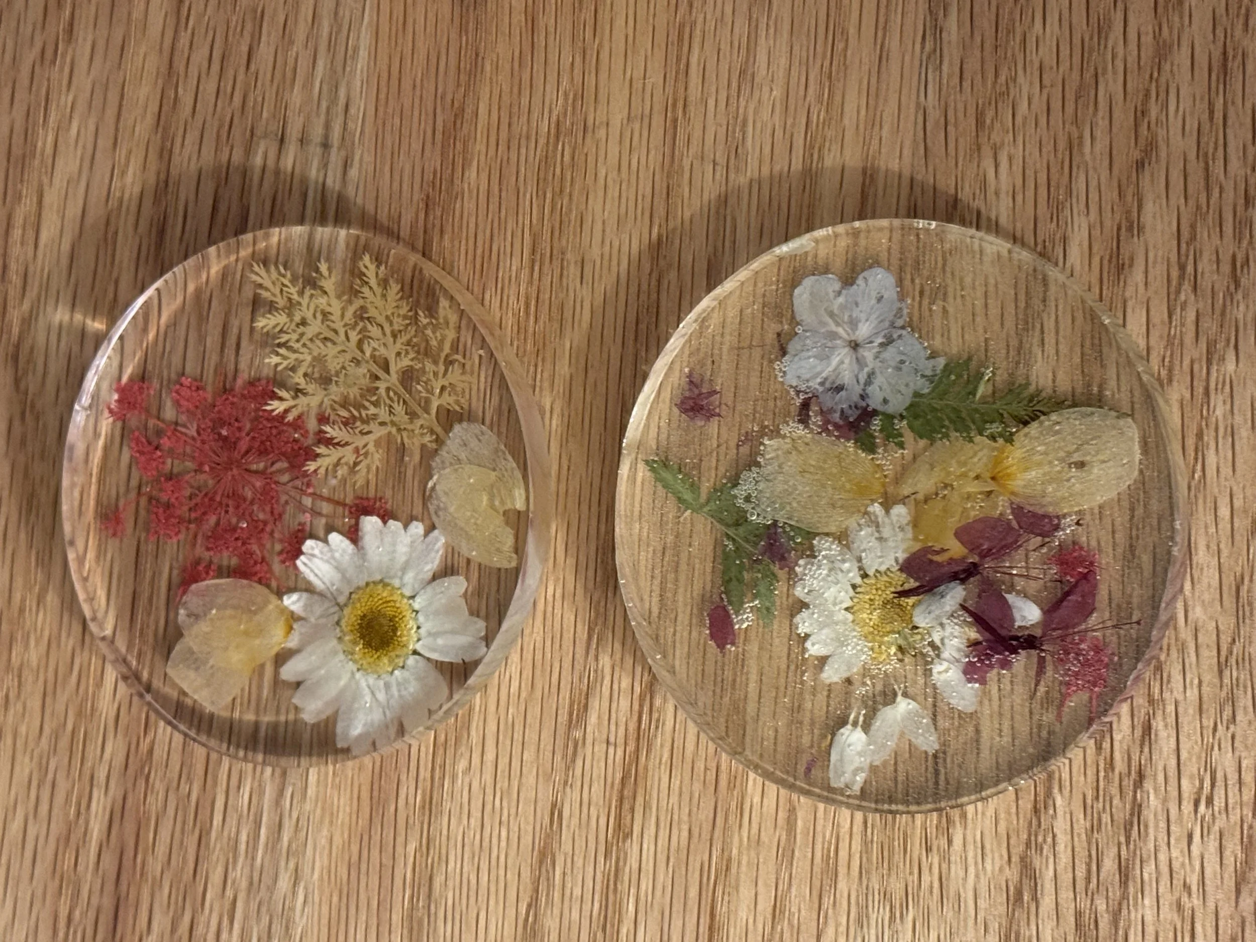 Two clear glass bowls filled with pressed dried flowers of various colors, placed on a wooden surface.