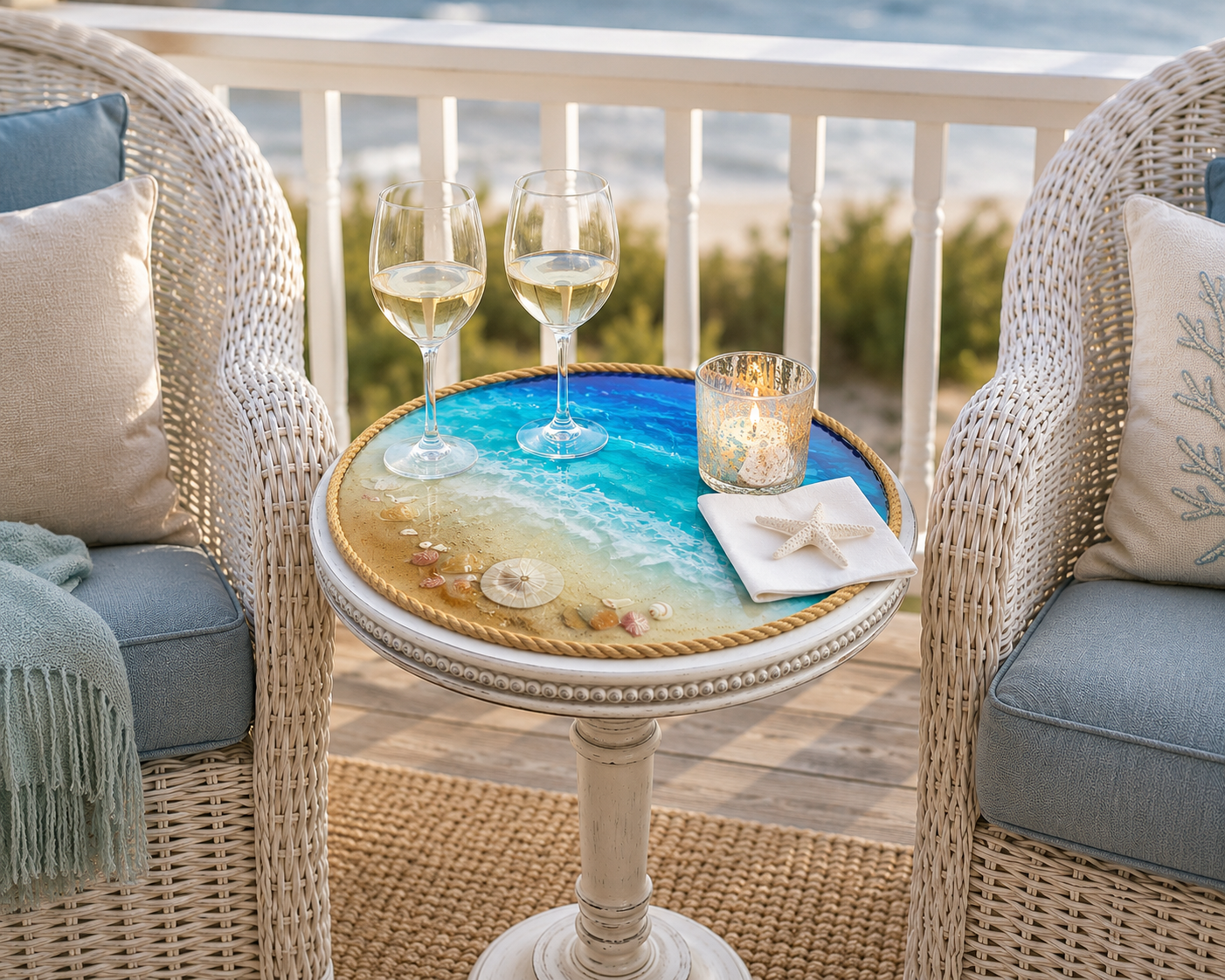 A round seaside-themed table with two glasses of white wine and a candle, positioned between two wicker chairs with pillows, on a deck overlooking the beach and ocean.