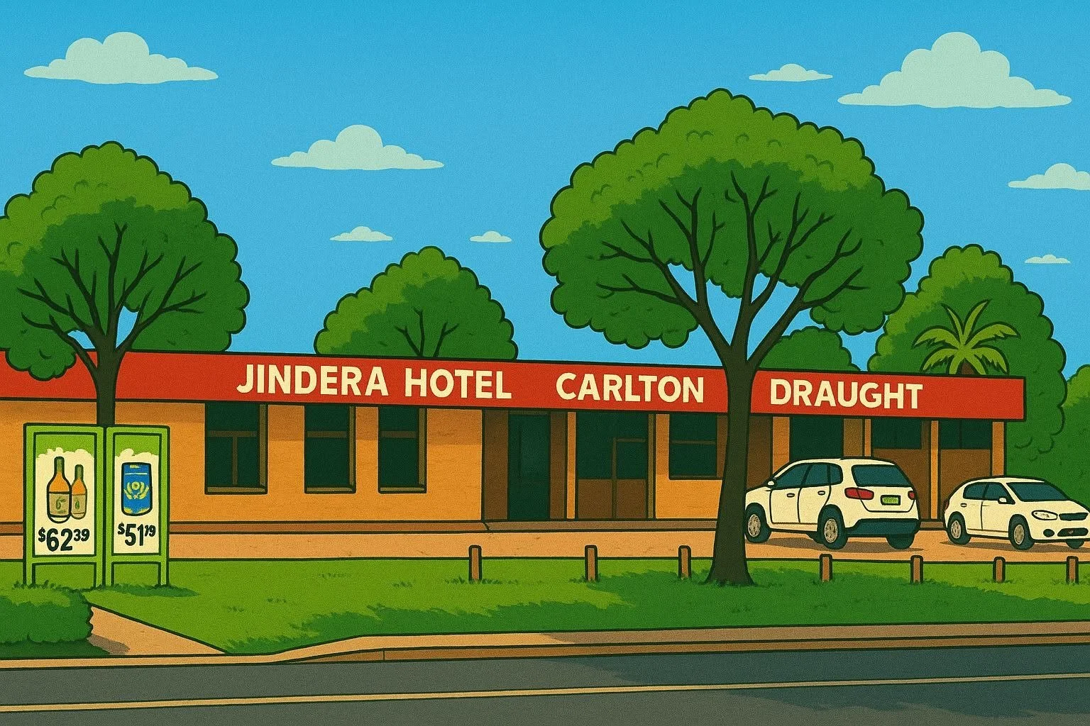A cartoon-style building with a sign reading 'Jindera Hotel Carlton Draught,' with three cars parked in front, trees and clouds in the background, and two green signs advertising beverages with prices.