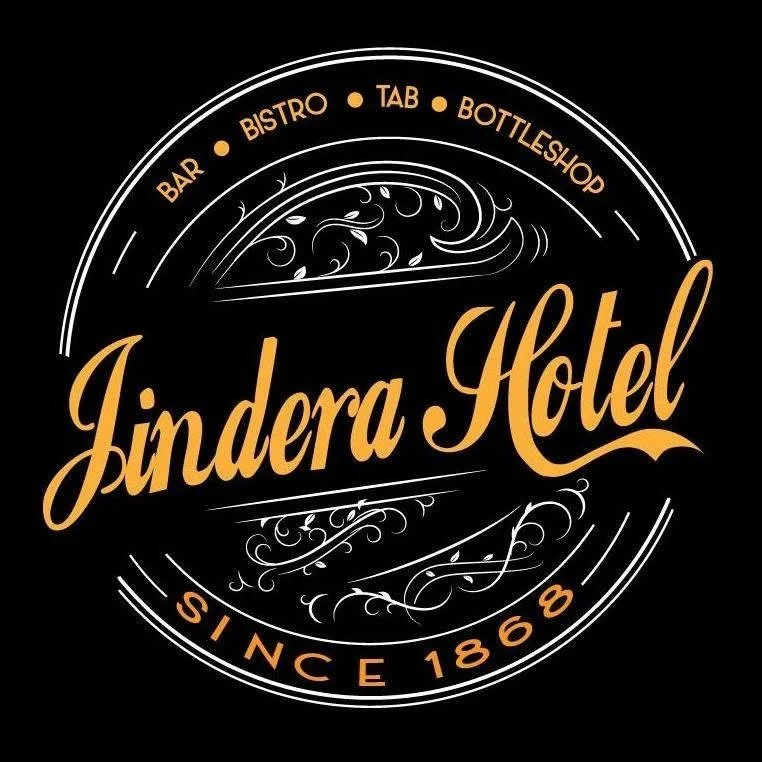 Logo for Jindera Hotel, featuring circular design with text indicating bar, bistro, tab, bottleshop, and established 1868, with decorative elements.