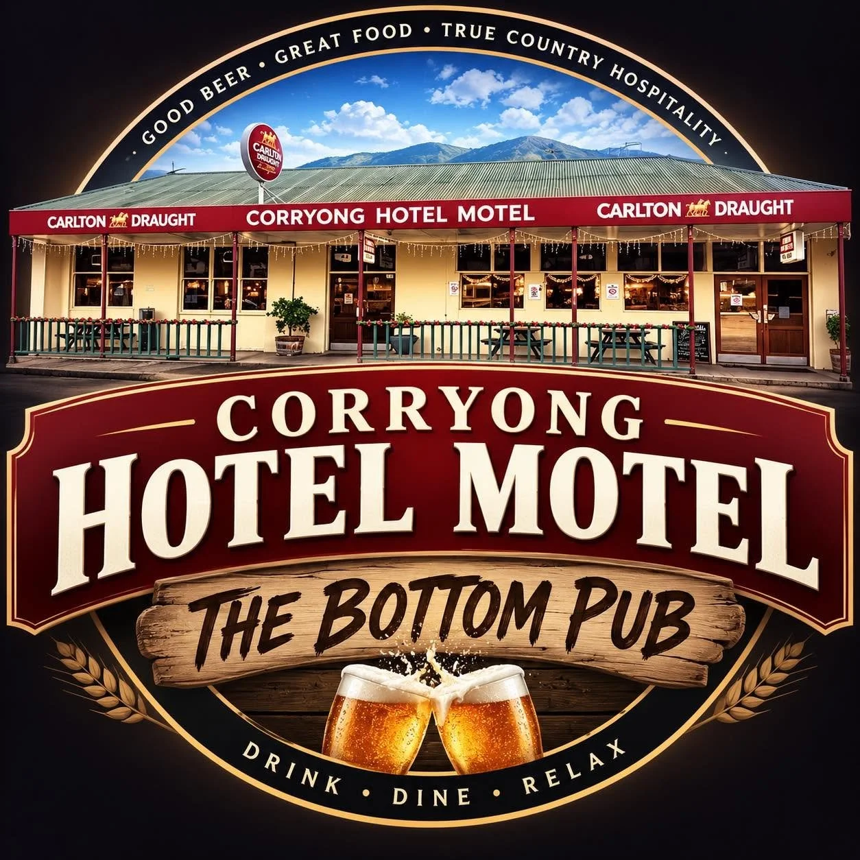 Sign for Corryong Hotel Motel, a bottom pub, featuring a building with outdoor seating, string lights, and a mountain backdrop, with a logo at the top and beer glasses at the bottom.