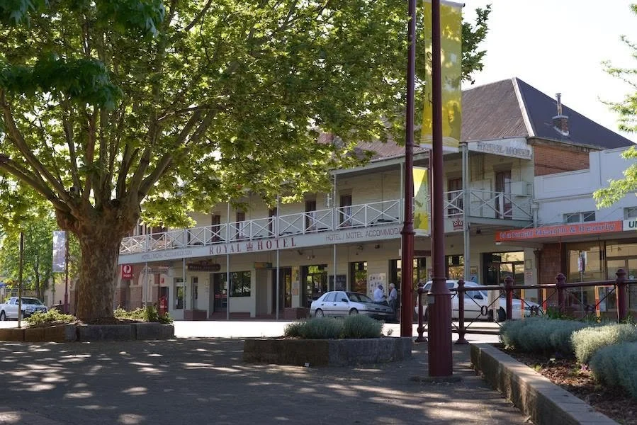 Main street in a small town with a large leafy tree, a two-story hotel labeled 'Royal Hotel,' and a few cars parked along the street.