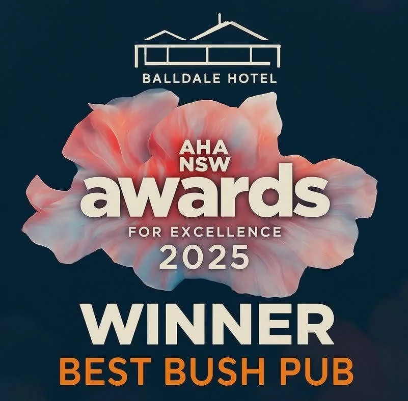 Award announcement for the AHA NSW Awards 2025, recognizing the winner for Best Bush Pub, at Balldale Hotel with a floral background.