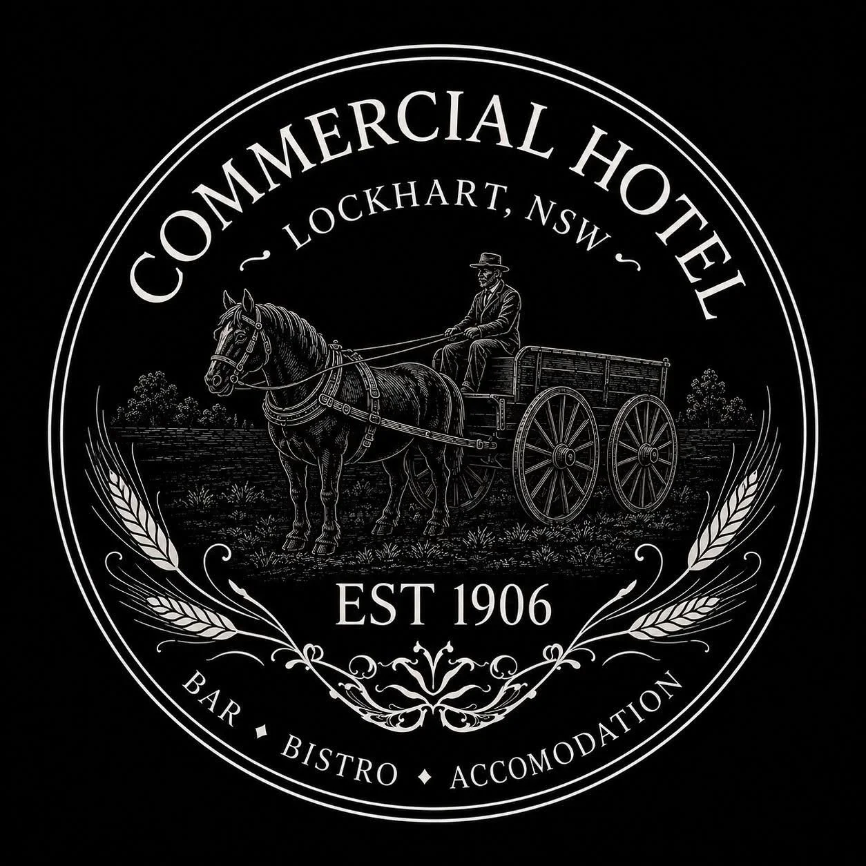 A vintage-style logo featuring a horse-drawn carriage with a man riding it, surrounded by the text 'Commercial Hotel, Lockhart, NSW, EST 1906,' and decorative wheat and flourish designs indicating a bar, bistro, and accommodation.