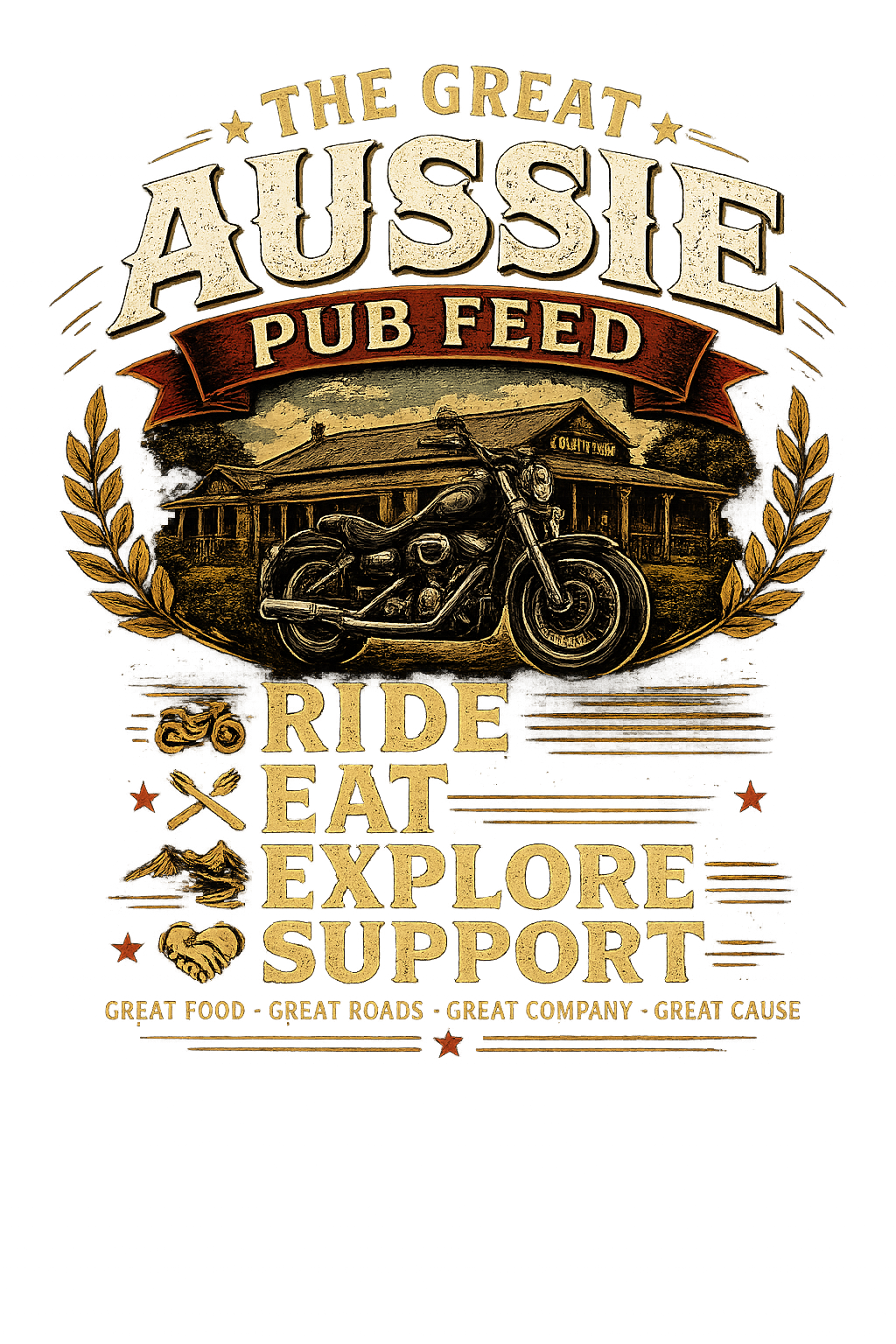 Sign promoting The Great Aussie Pub Feed, featuring a motorcycle and an outback lodge. Text highlights riding, eating, exploring, and supporting, with tags about food, roads, company, and cause.